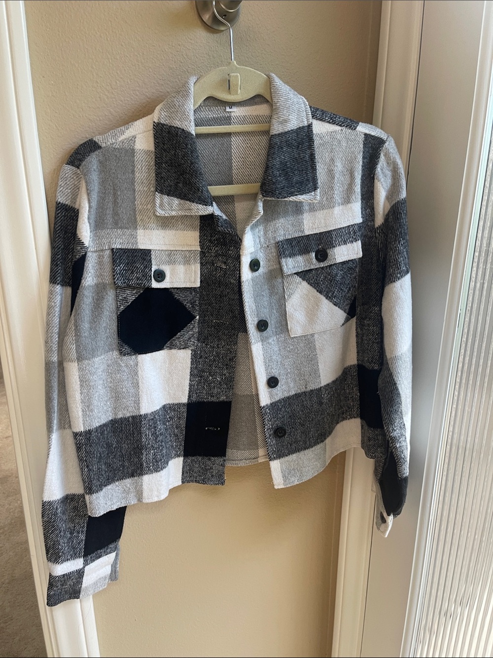 Women’s Black & White Plaid Pea Coat Jacket